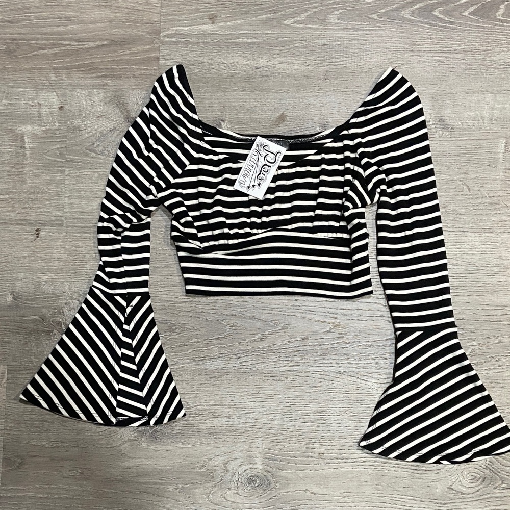 Black and White Striped Bell Sleeve Top